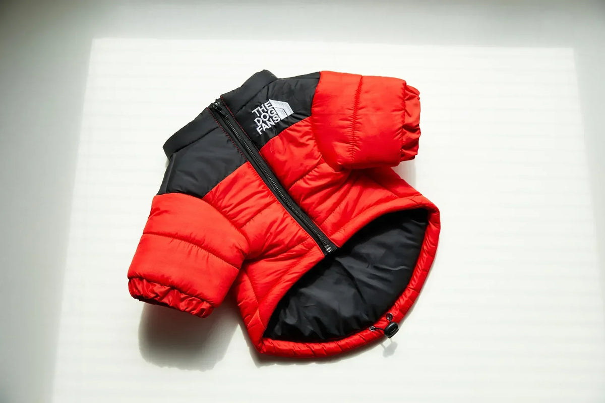 A red and black puffer coat for dogs with a zipper, displayed against a white background.