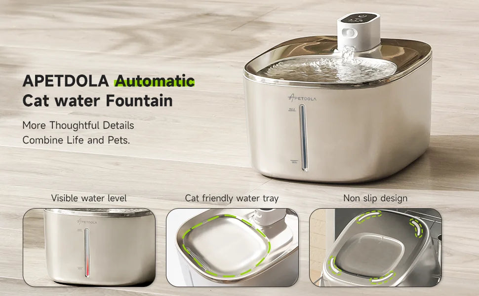 Silver automatic cat water fountain featuring a visible water level, cat-friendly tray, and non-slip design.