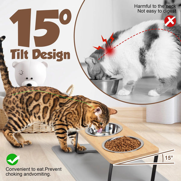 An elevated wooden cat feeder with stainless steel bowls is shown, demonstrating a 15 degree tilt design for easier feeding.