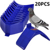 Un juego de 20 soportes de percha de plástico azul para palomas y palomas, con un pájaro posado en uno.