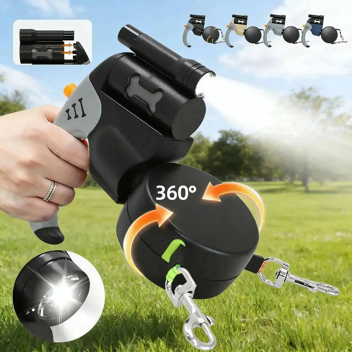A hand holds a black double dog retractable leash with a built-in LED flashlight, showing the leash and its components.