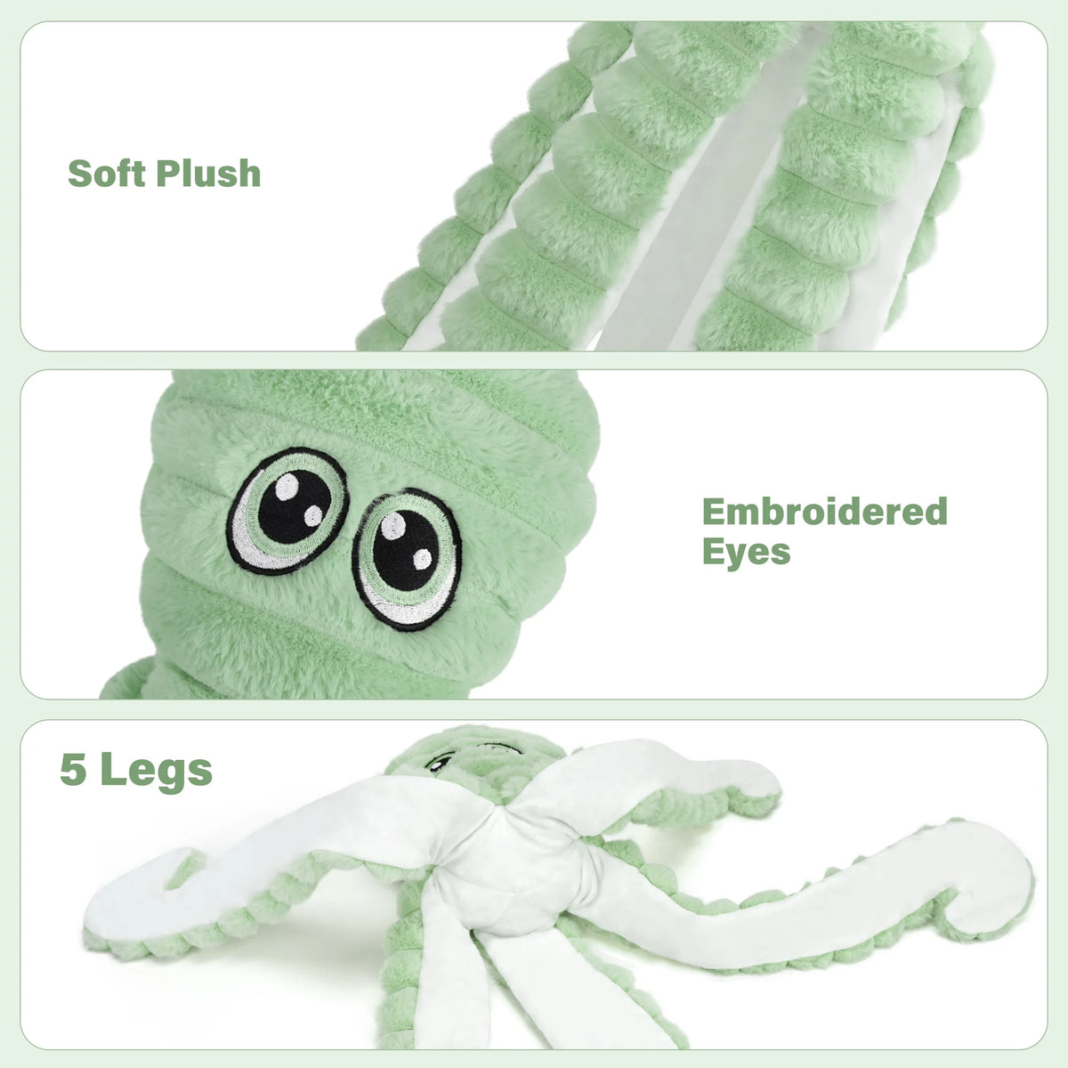 Weiches Plüschtier eines Oktopus mit gestickten Augen und fünf Beinen.