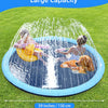 A dog and person are playing in a large blue splash pad with water jets on a green lawn.