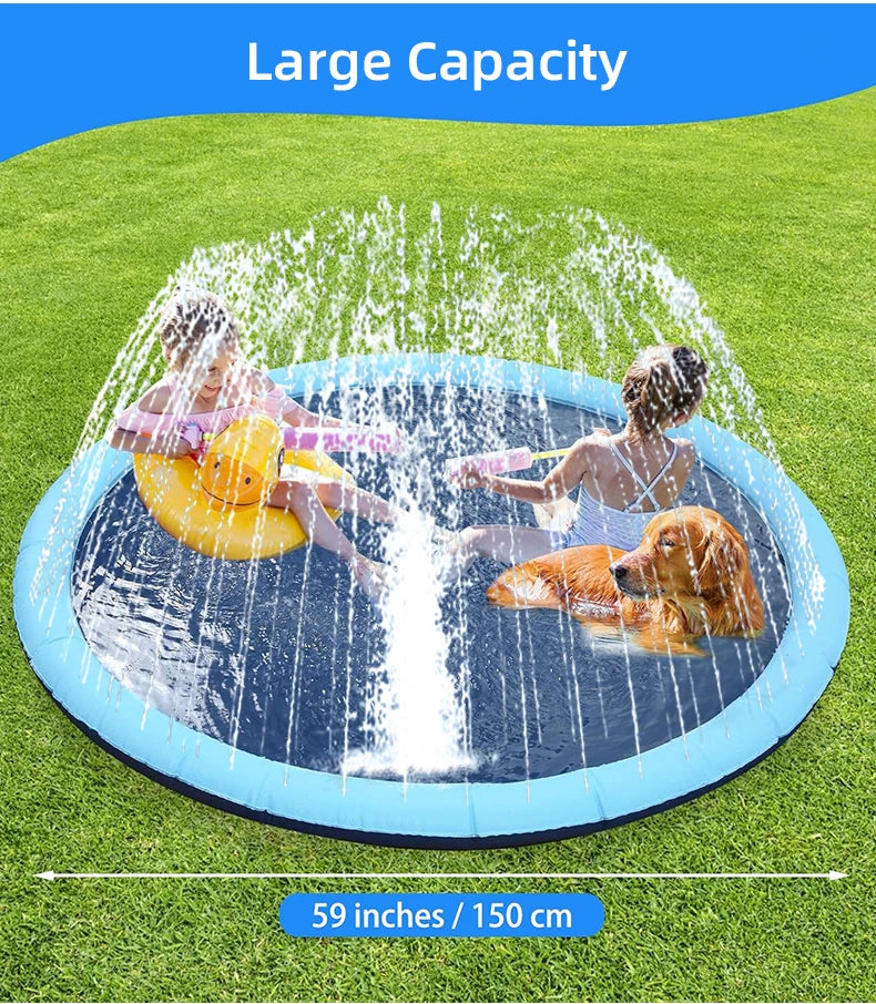 A dog and person are playing in a large blue splash pad with water jets on a green lawn.