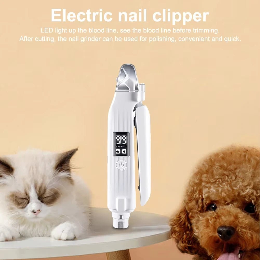 Eine weiße elektrische Nagelschere und -hobelwerkzeug neben einer schlafenden Katze und einem Hund.