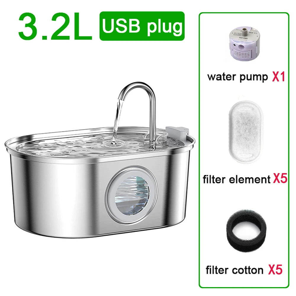 Edelstahl-Haustierbrunnen mit USB-Anschluss, zeigt Pumpe und Filterelemente.