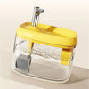A clear pet drinking fountain with a yellow base and a silver spout, designed for large capacity water flow.
