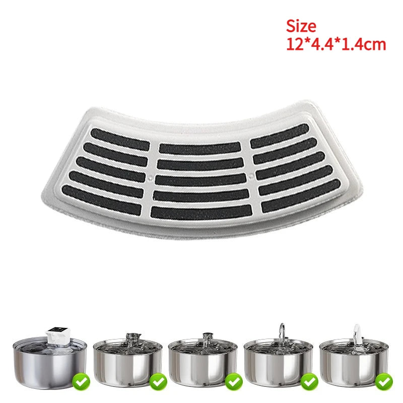 Replacement filters for a cat water fountain shown in various sizes and configurations.