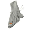 A gray warm fleece dog hoodie with a hood and front pocket.