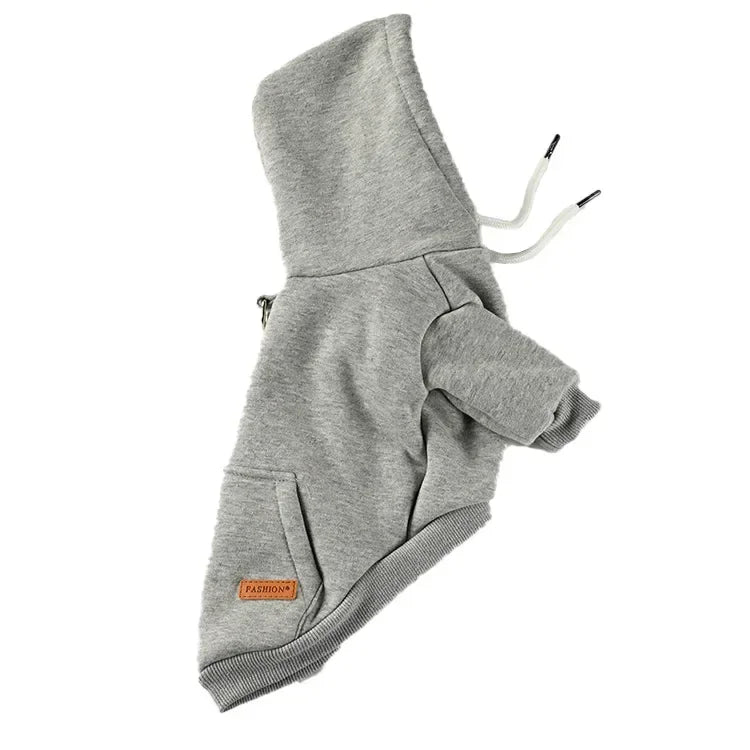 A gray warm fleece dog hoodie with a hood and front pocket.