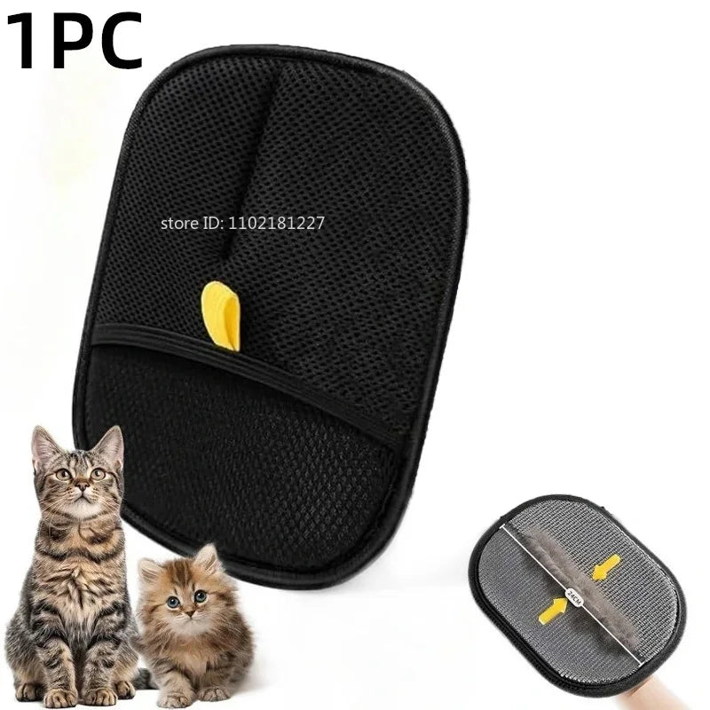 A black reusable pet grooming glove with a yellow finger tip shown next to a kitten.