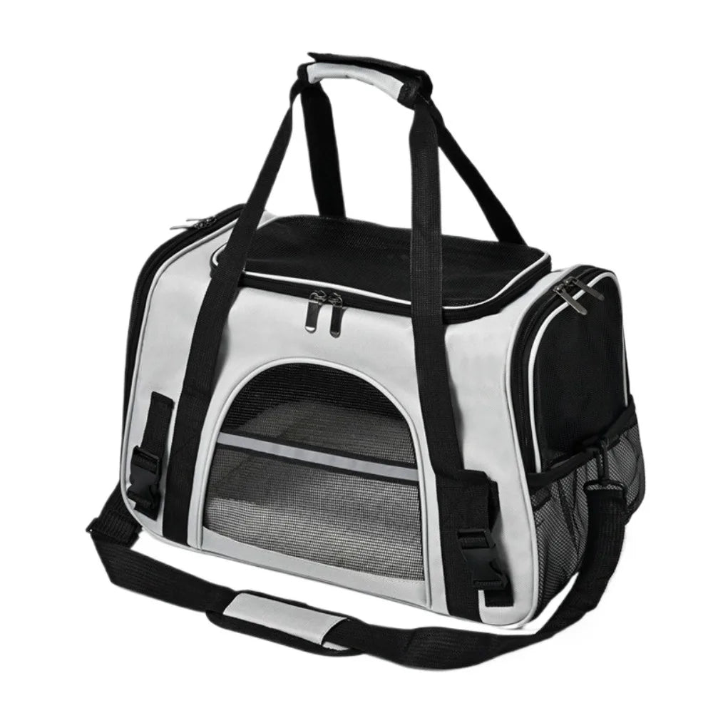 A foldable pet travel carrier bag with a mesh window, featuring black and white accents.