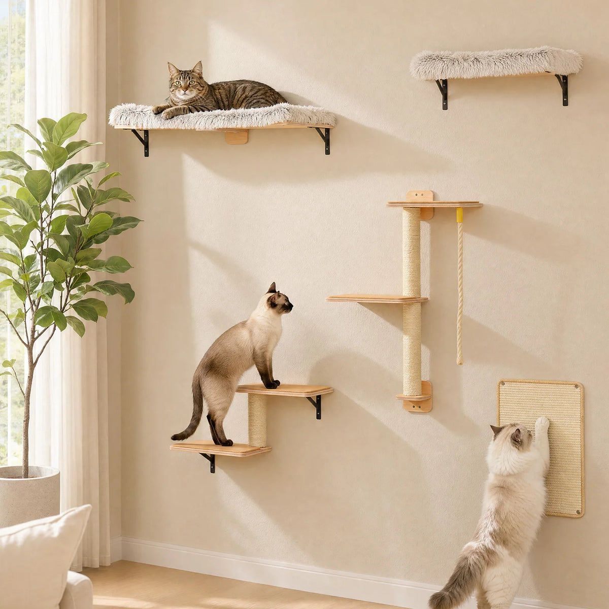 Modular Wall-Mounted Cat Climbing Shelves with Scratching Posts