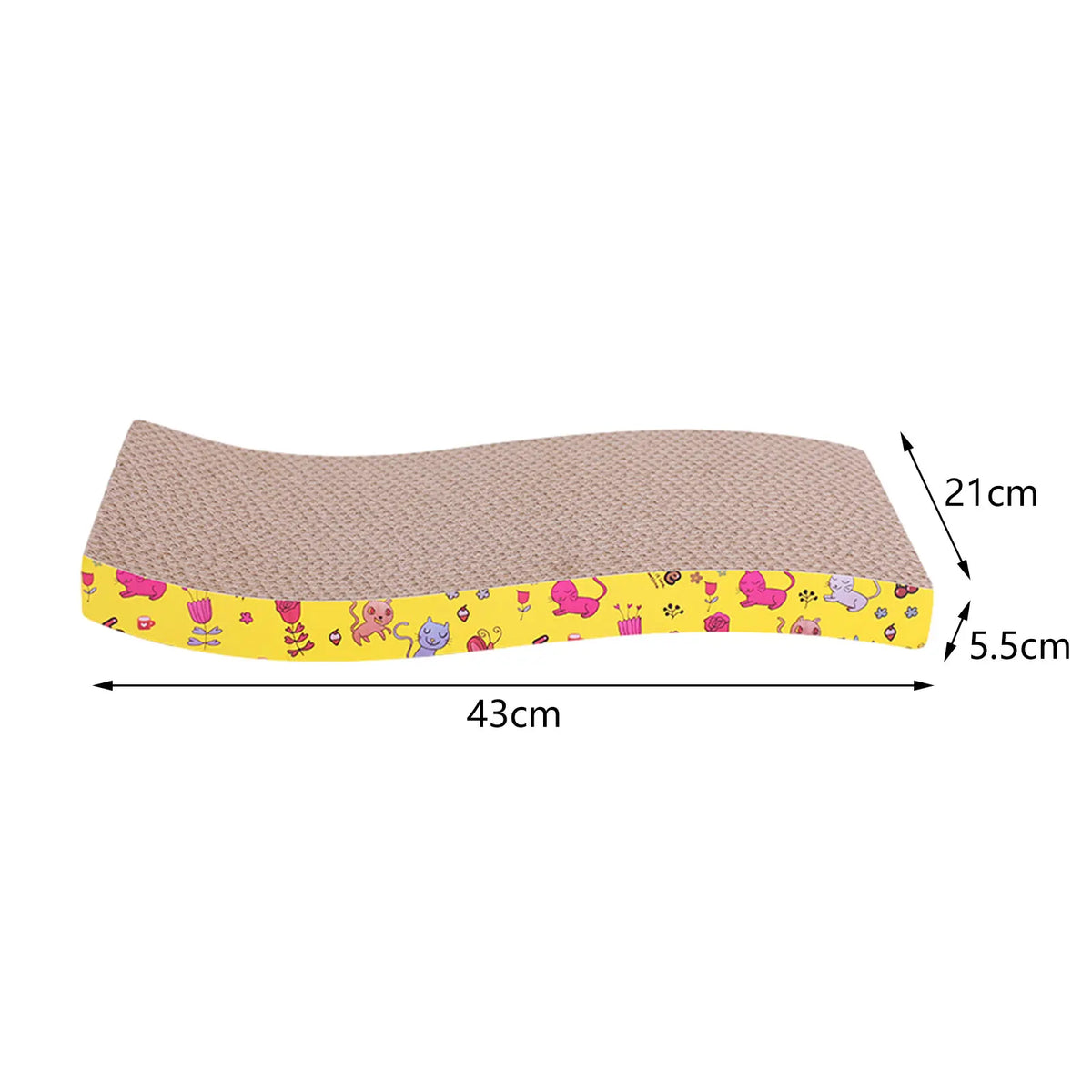 A beige cardboard cat scratcher lounge bed with a yellow patterned base and dimensions 43cm long and 21cm high.