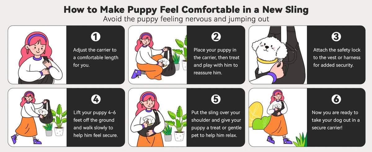A six-step guide illustrating how to make a puppy feel comfortable in a new sling carrier.
