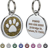 A set of silver pet ID tags featuring various paw prints and engraved addresses.