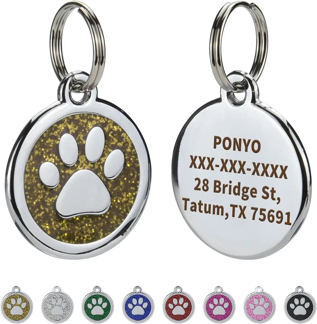 A set of silver pet ID tags featuring various paw prints and engraved addresses.