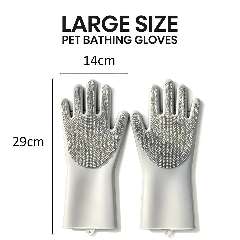 A pair of large size silicone pet bathing gloves with grooming teeth shown against a white background.