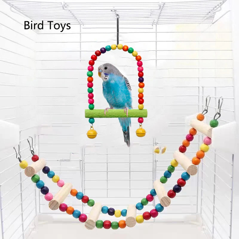A parrot toy featuring a natural wood climbing ladder and swing with colorful balls hanging inside a clear enclosure.