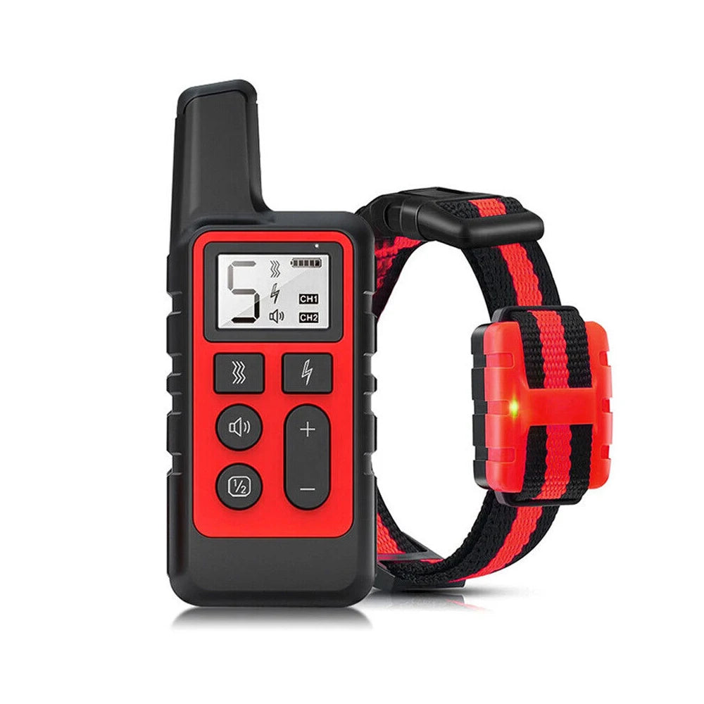 A black and red rechargeable remote dog training collar with an LCD display and a padded strap.