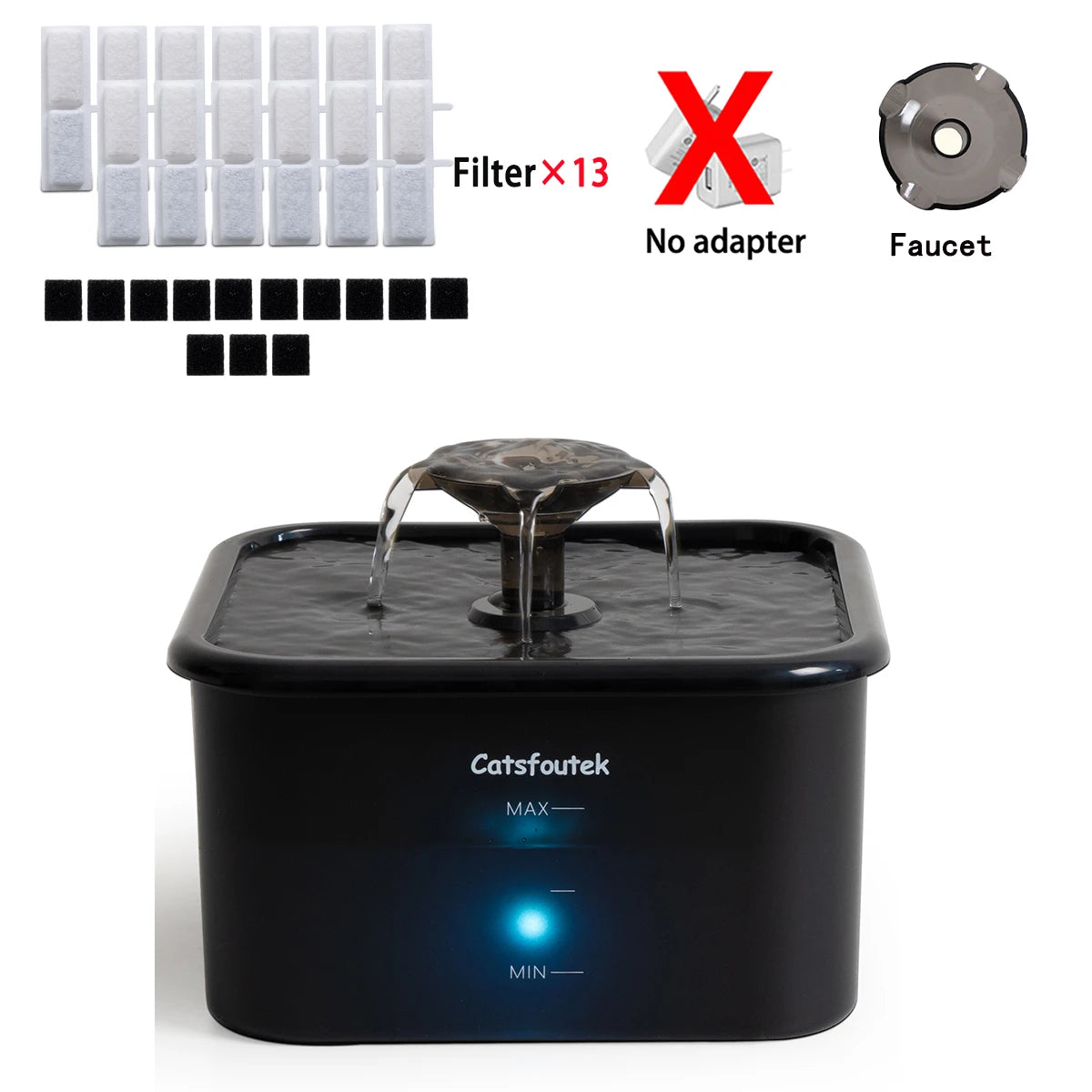 A black cat water fountain device with a top for water, filter components, and an adapter.