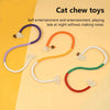 Four colorful organic cotton cat chew ropes with refillable catnip pouches displayed on a light background.