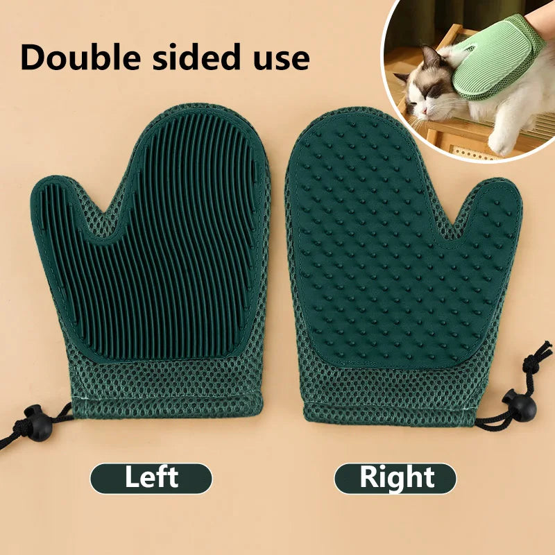 A pair of dark green double-sided pet grooming gloves for cats and dogs, shown as left and right hands.
