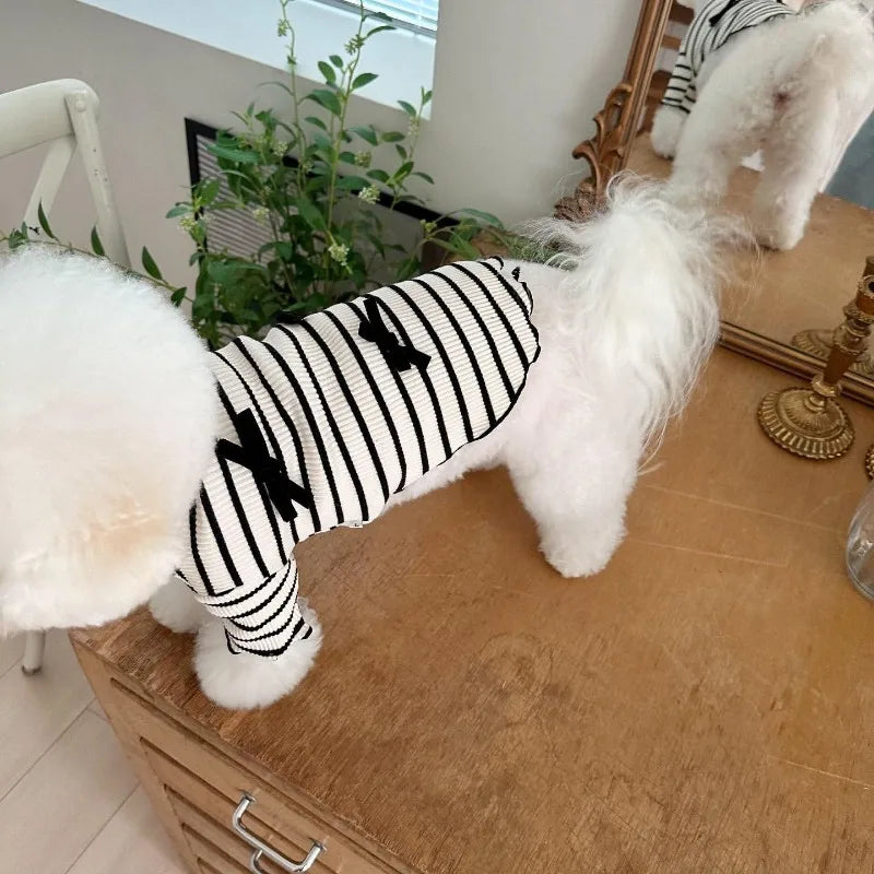 Striped Bow Accent Dog Dress with Flutter Sleeves for Small Breeds
