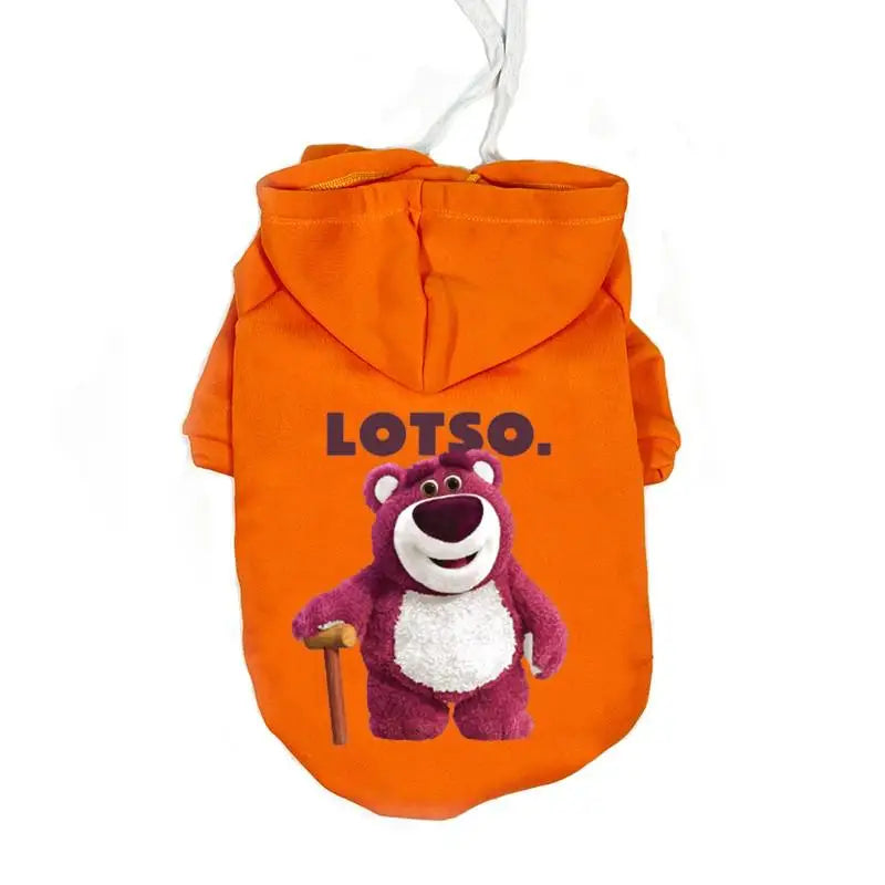 Sudadera naranja con cara de oso de dibujos animados y el texto LOTSO.