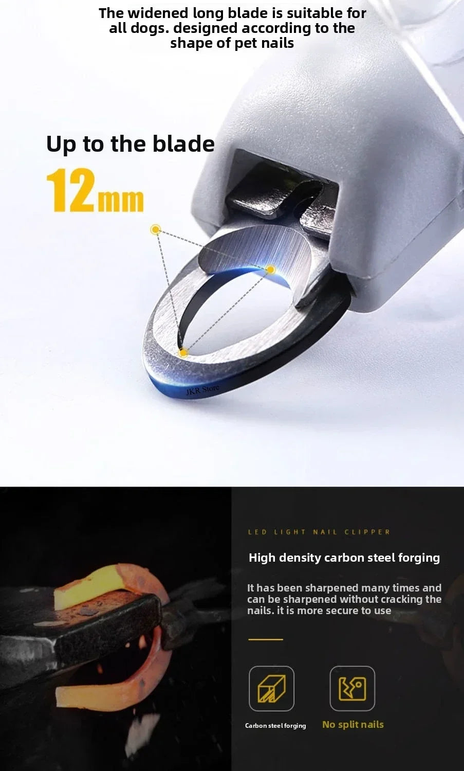Close-up of a stainless steel pet nail clipper showing the blade and forging details.