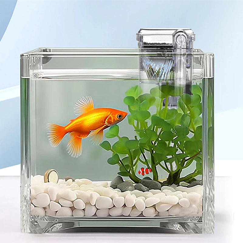 A clear glass aquarium featuring a small orange fish and green aquatic plants, housed in a rectangular glass container.