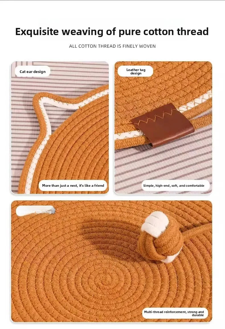 A close-up of a woven pure cotton thread mat with a leather tag design and a multi-thread reinforcement.