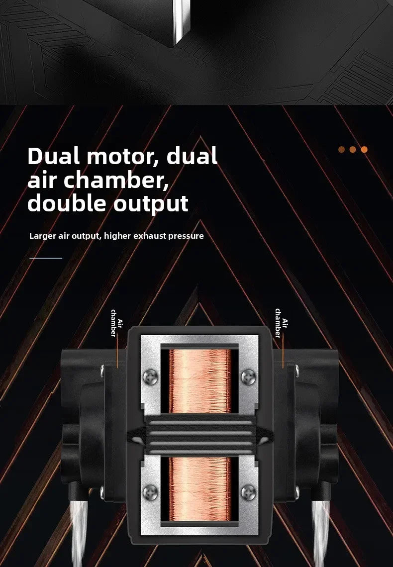 A black air pump with a dual motor and air chamber is shown, featuring two outlets for higher exhaust pressure.
