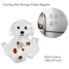 Clear glass magnets shaped like dogs used for storing cat and dog hair on a fridge