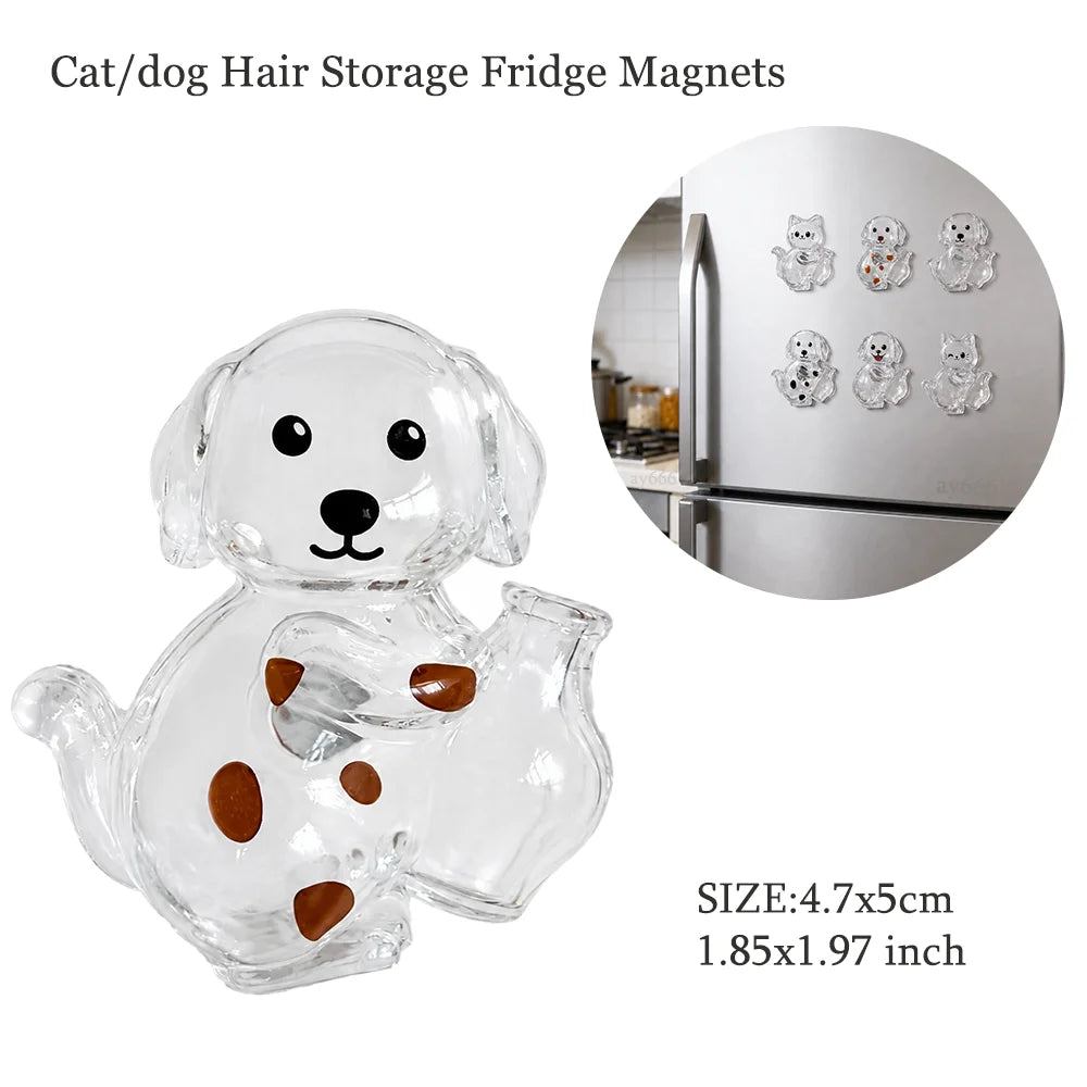 Clear glass magnets shaped like dogs used for storing cat and dog hair on a fridge