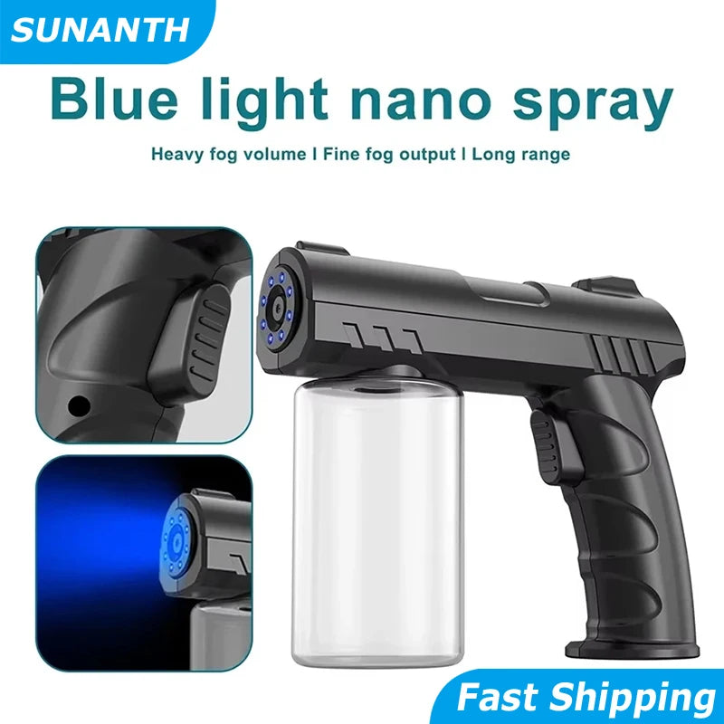 A black portable nano spray bottle for blue light fog, shown next to a clear glass bottle and a blue light effect.
