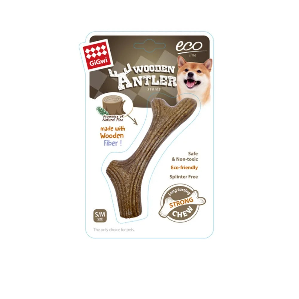 A package of Gigwi Wooden Antler series dog chew sticks made with natural pine fiber for aggressive chewers.