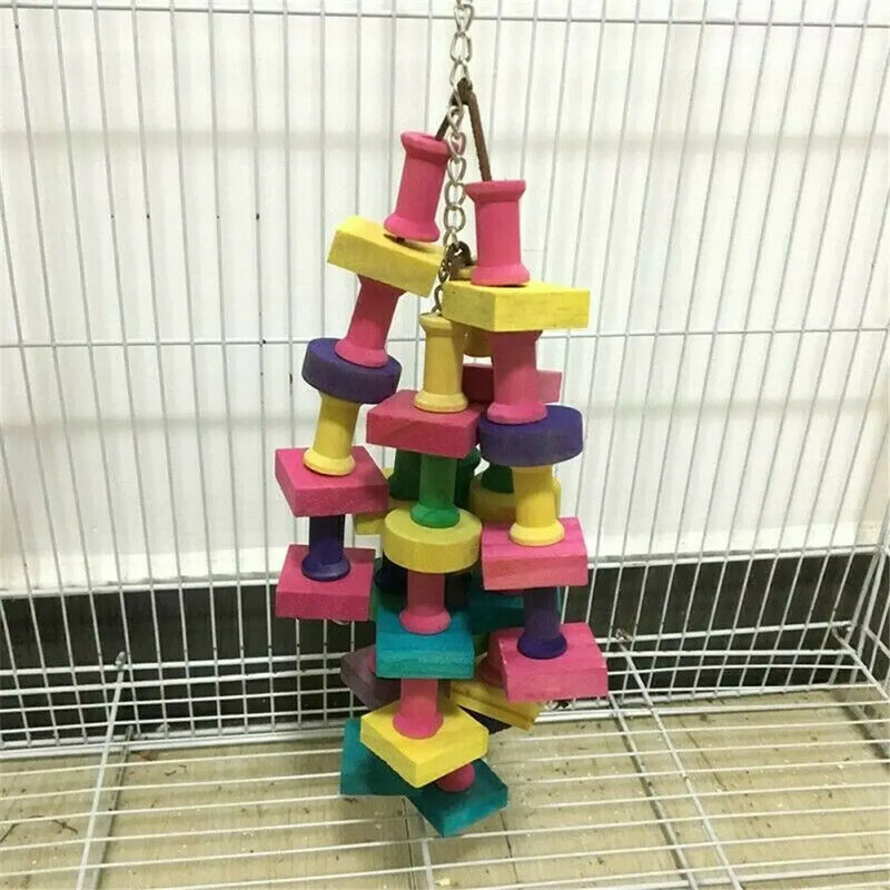 Juguete Mordedor de Madera Natural para Loros con Bloques Coloridos