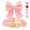 Pink knitted dog collar with a large bow knot and gold buckle.