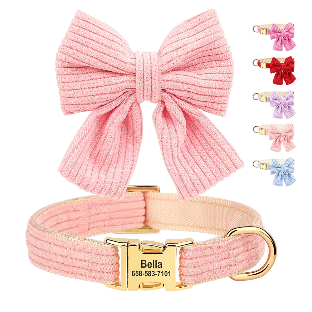 Pink knitted dog collar with a large bow knot and gold buckle.