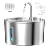 A stainless steel automatic cat water fountain with a visible water stream and a smart sensor nearby.