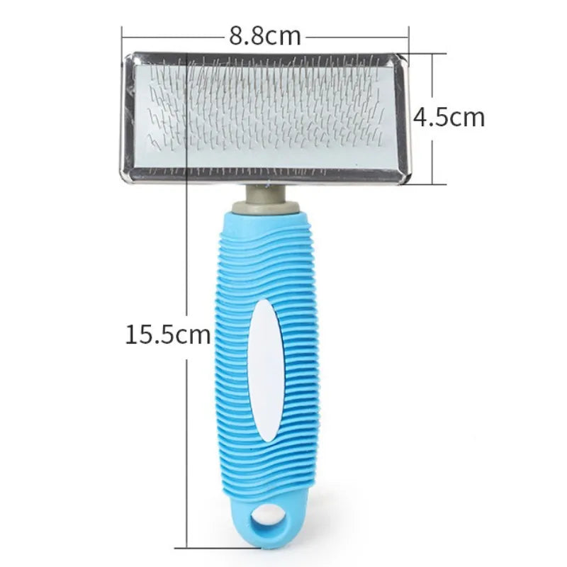 A blue silicone cat comb with stainless steel pins for gentle pet grooming.