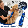 A woman is using a blue pet electric clipper on a golden retriever dog for grooming.