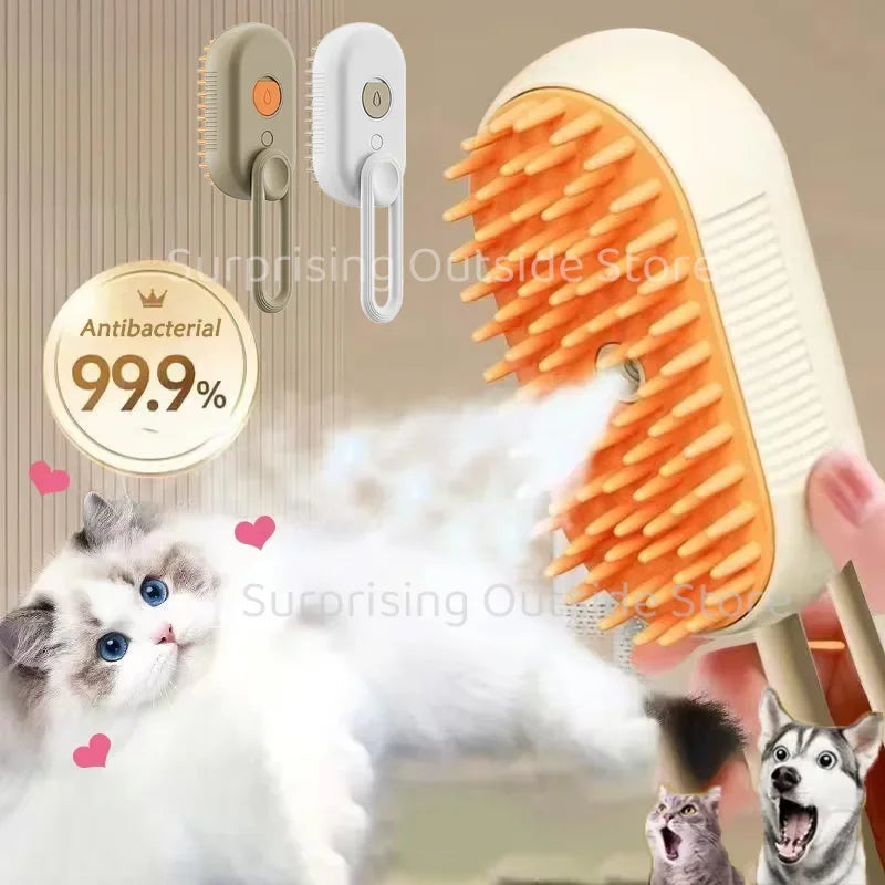 A white pet grooming brush with an orange bristled head and a steam spray nozzle, shown next to a cat and dog.