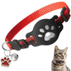 A black adjustable cat collar with a red woven strap and an AirTag holder attached to a silver bell.