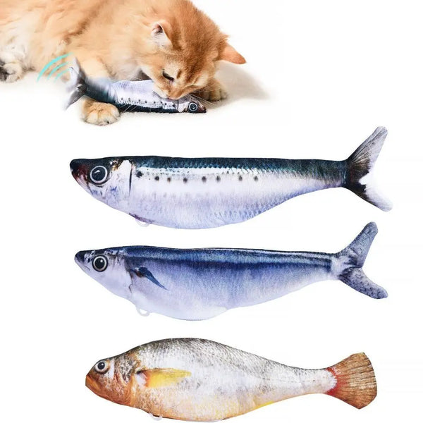 A golden kitten is playing with a small silver fish toy.