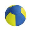 A round inflatable dog training ball with a blue and yellow color split design.
