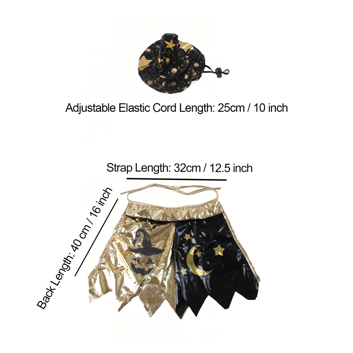 Black and gold witch costume set featuring a fabric skirt and an adjustable elastic cord.
