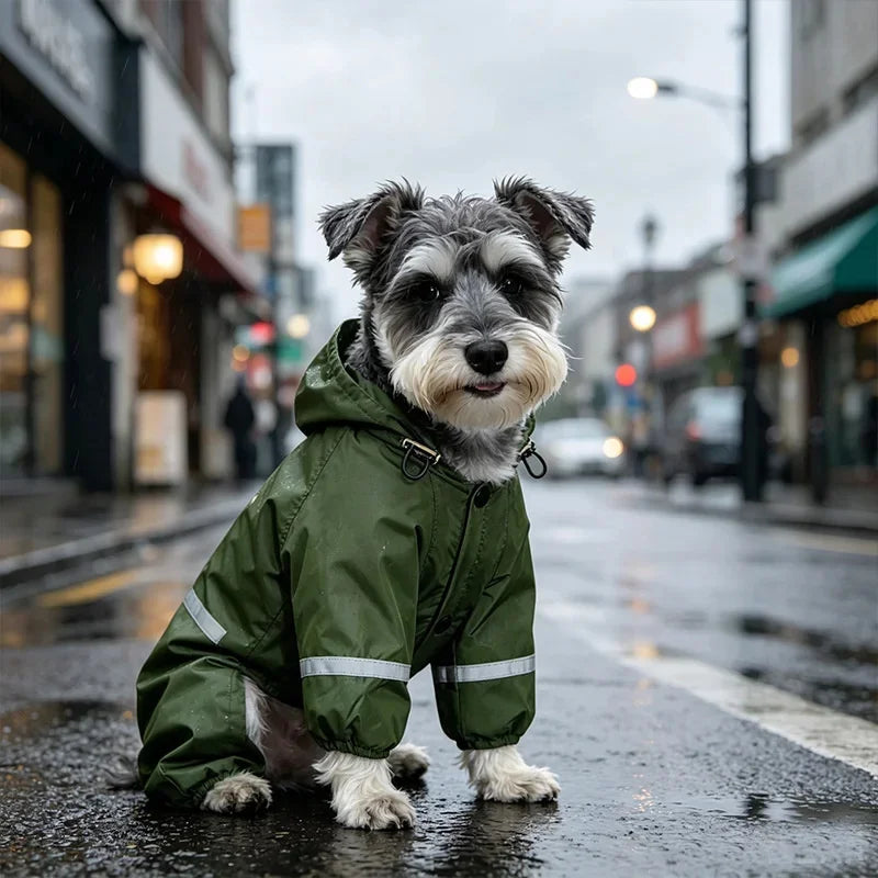 A small, fluffy dog wearing a green insulated hooded raincoat with reflective strips walks on wet pavement.