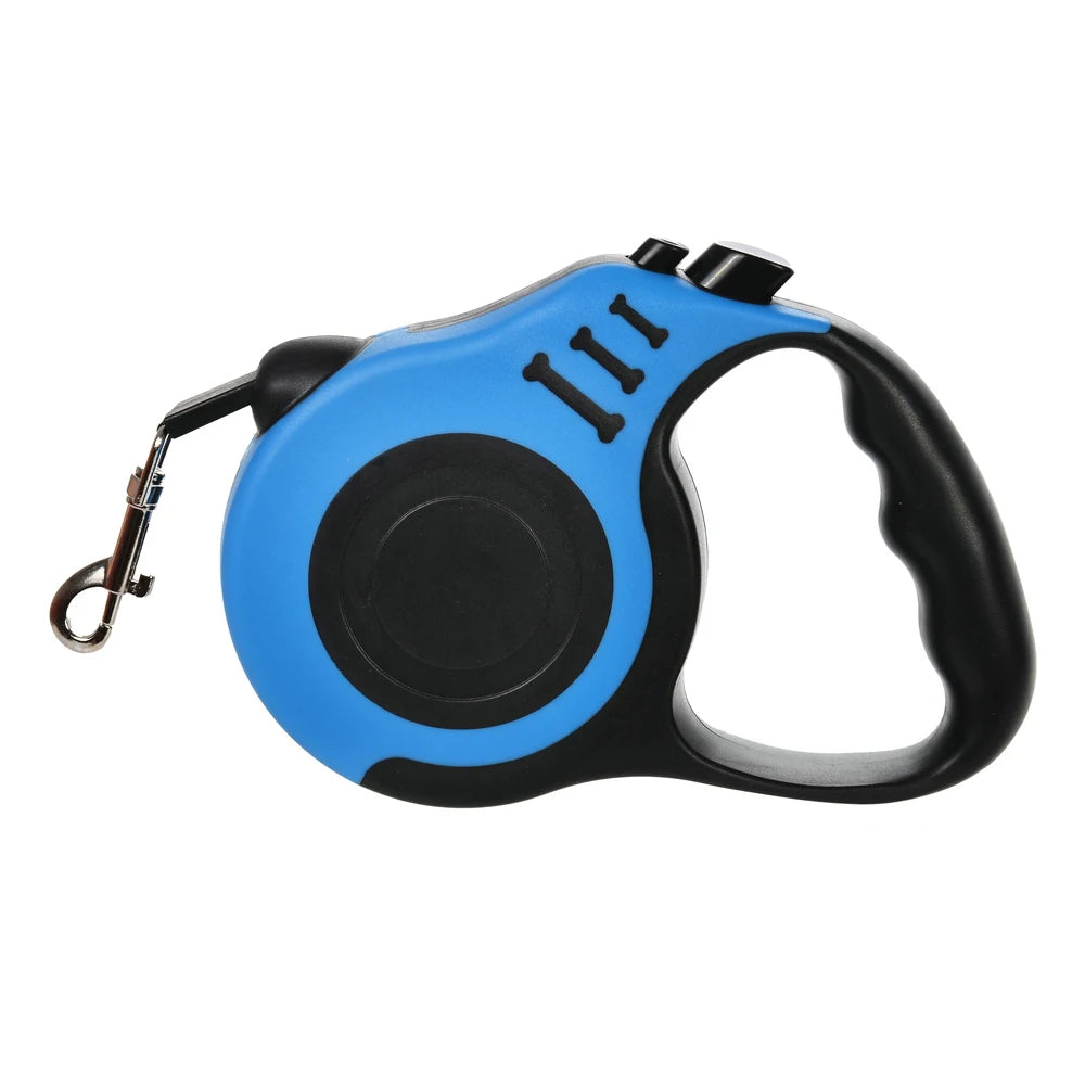 A blue and black retractable dog leash with a black handle and metal clip.